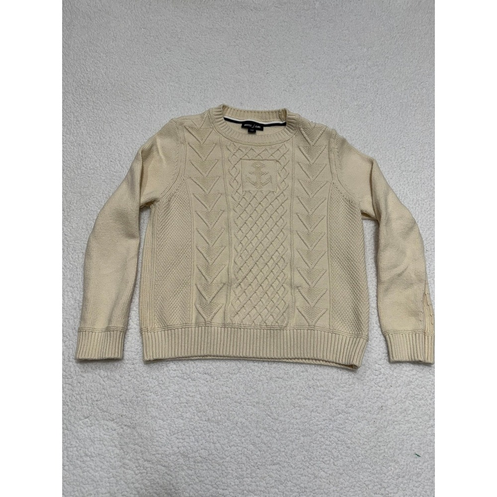 Nautica Jeans Co Cream‎ Cable Knit Anchor Crewneck Sweater N4HS0137 Large